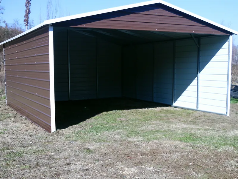 Brown boxed-eave carport with three enclosed sides and an open front